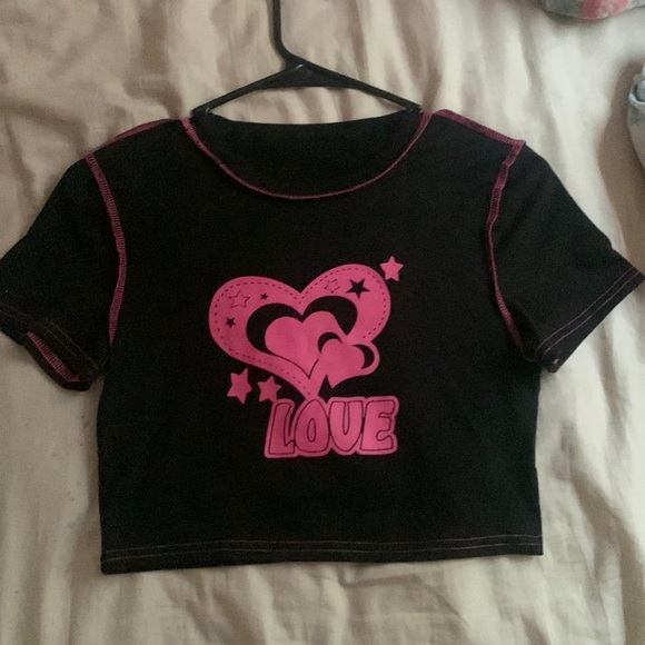 Tops - Y2K Cyber Grunge Pink & Black Love Crop Shirt Top.